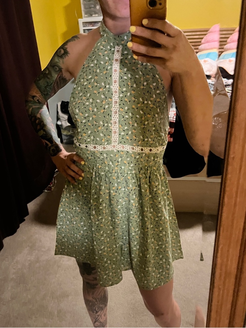 Women’s Green Halter Floral romper with Lace Trim